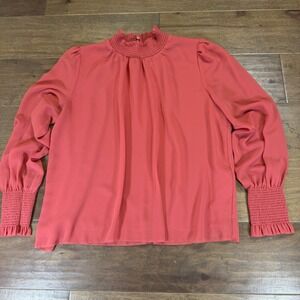 Wilfred Mock Neck Smocked Ruffle Sleeve Blouse Coral Size L